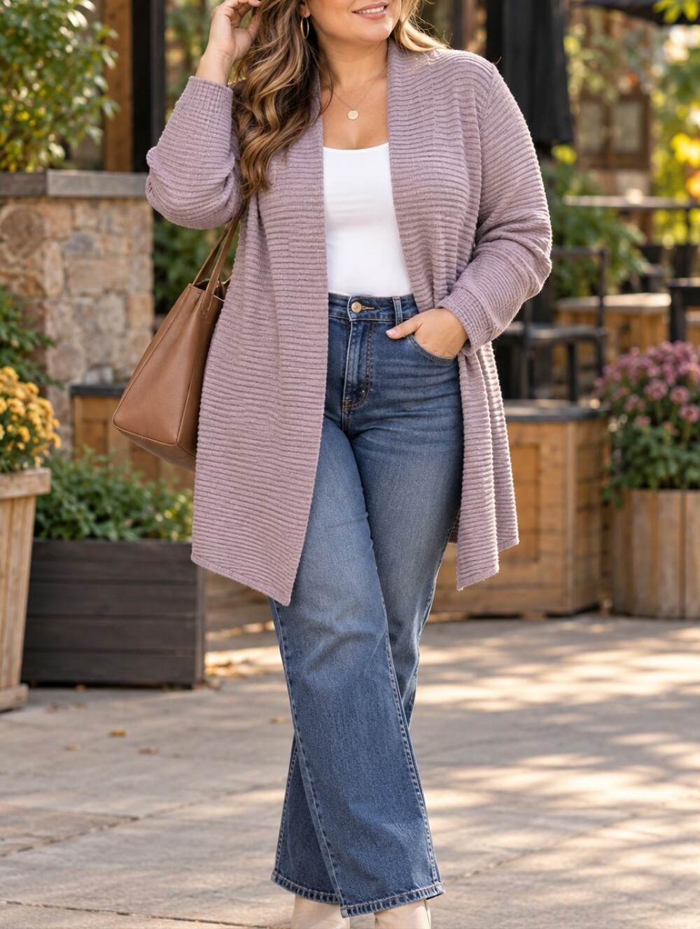 Cyrus Dusty Mauve Ribbed Open Front Long Cardigan Sweater Rayon Blend